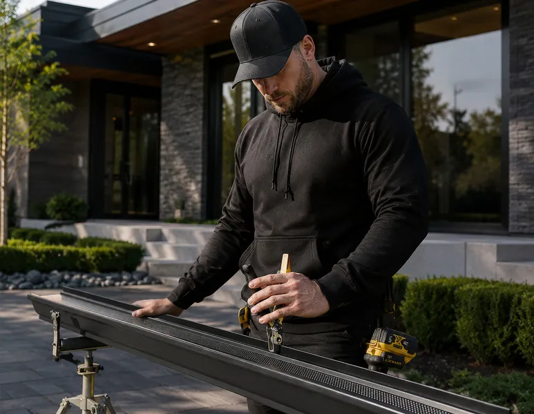 Installer setting a seamless gutter at the roofline